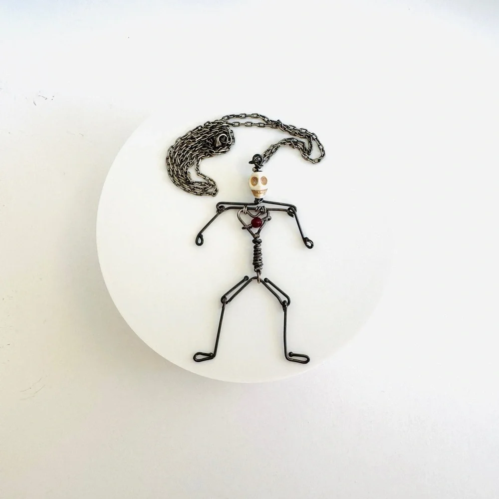 Handmade Skeleton Necklace “Bone Head” Sterling Silver & Copper with Bone Bead - Picture 9 of 9